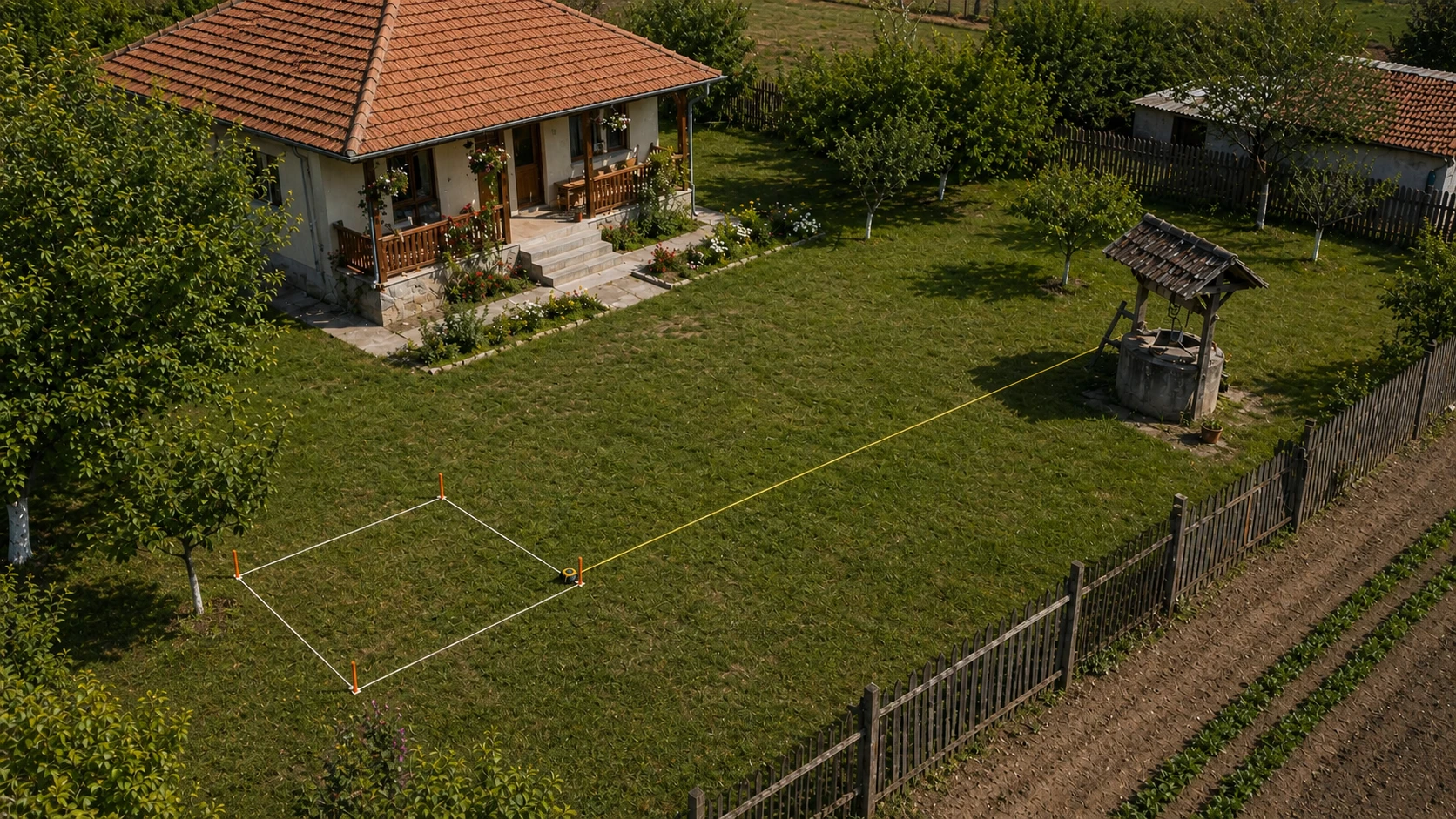 Curte rurală din România cu marcaje la sol pentru distanțele legale ale unei fose septice în raport cu casa, fântâna și gardul