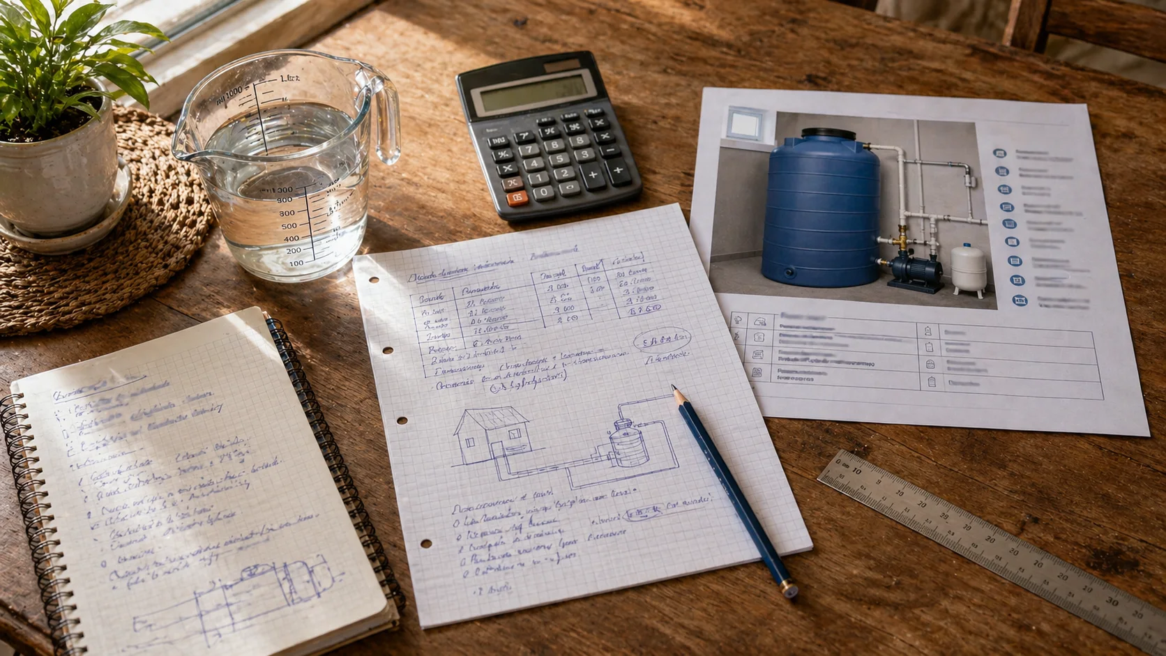 Calcul pe hârtie pentru dimensionarea unui rezervor de apă, cu notițe despre consum zilnic și volum necesar pentru o casă din România