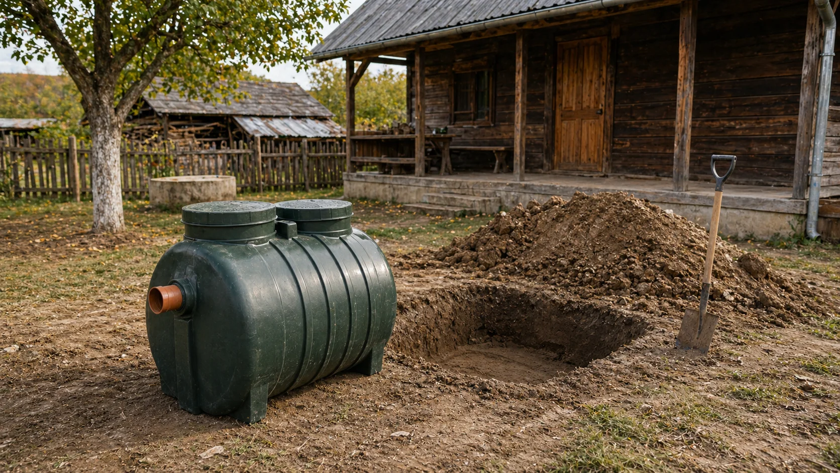 Fosă septică mică de 1000 litri din polietilenă verde, așezată lângă o cabană rurală într-un peisaj din România