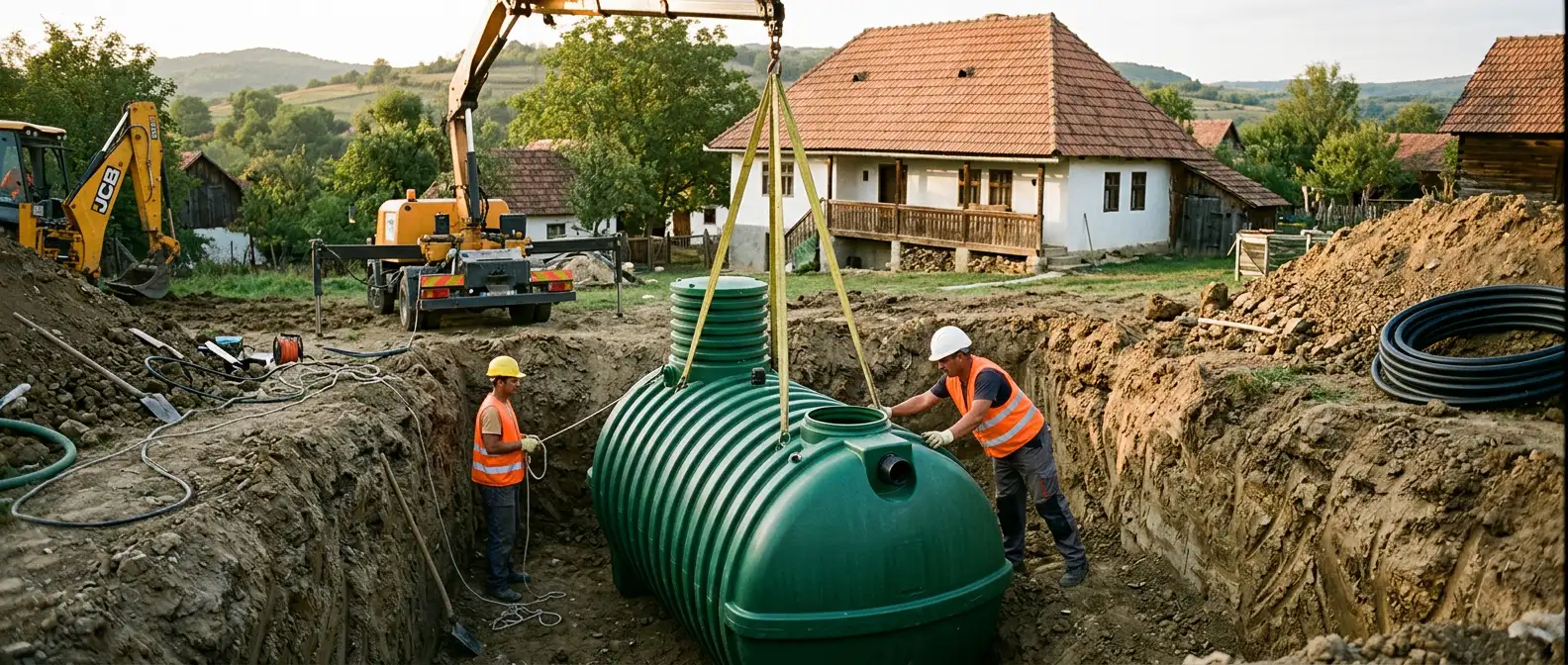 Fosă septică de 5000 litri coborâtă cu macara în groapă, lângă o casă tradițională din România