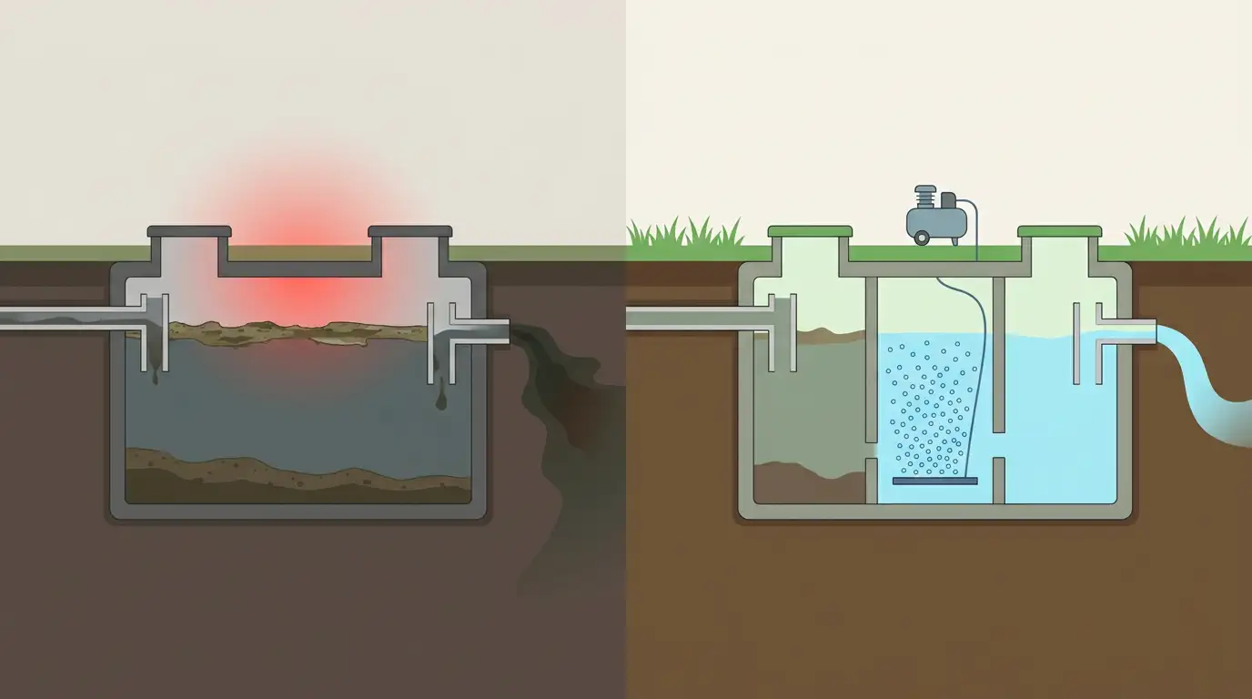 Comparație vizuală între o fosă septică clasică și una ecologică — diferențe de funcționare și calitate a apei la ieșire