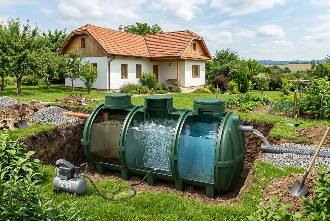 Fosa septică ecologică cu sistem de epurare biologică instalată în curtea unei case din mediul rural