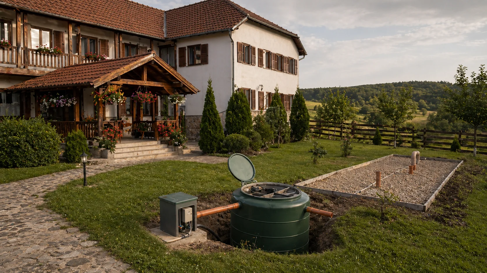 Pensiune turistică rurală din România cu micro-stație de epurare lângă o anexă tehnică, cu efluent direcționat spre un drenaj biologic mic