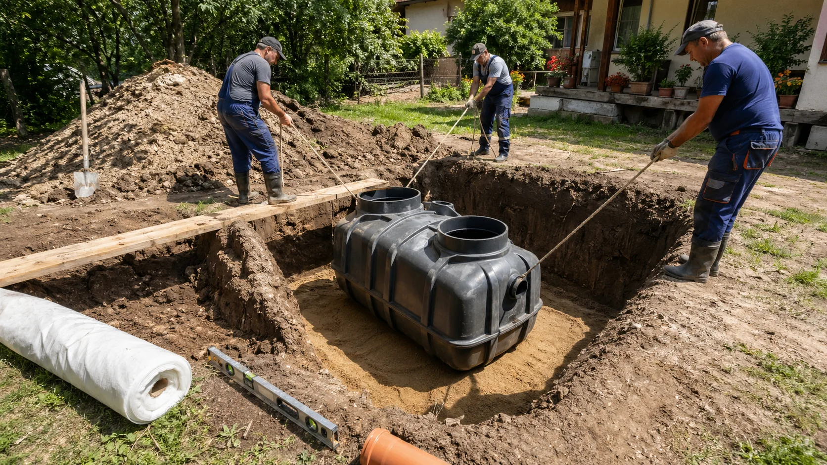 Groapă săpată pentru fosă septică cu pat de nisip pregătit, corp de fosă și țeavă PVC de intrare, într-o curte din România