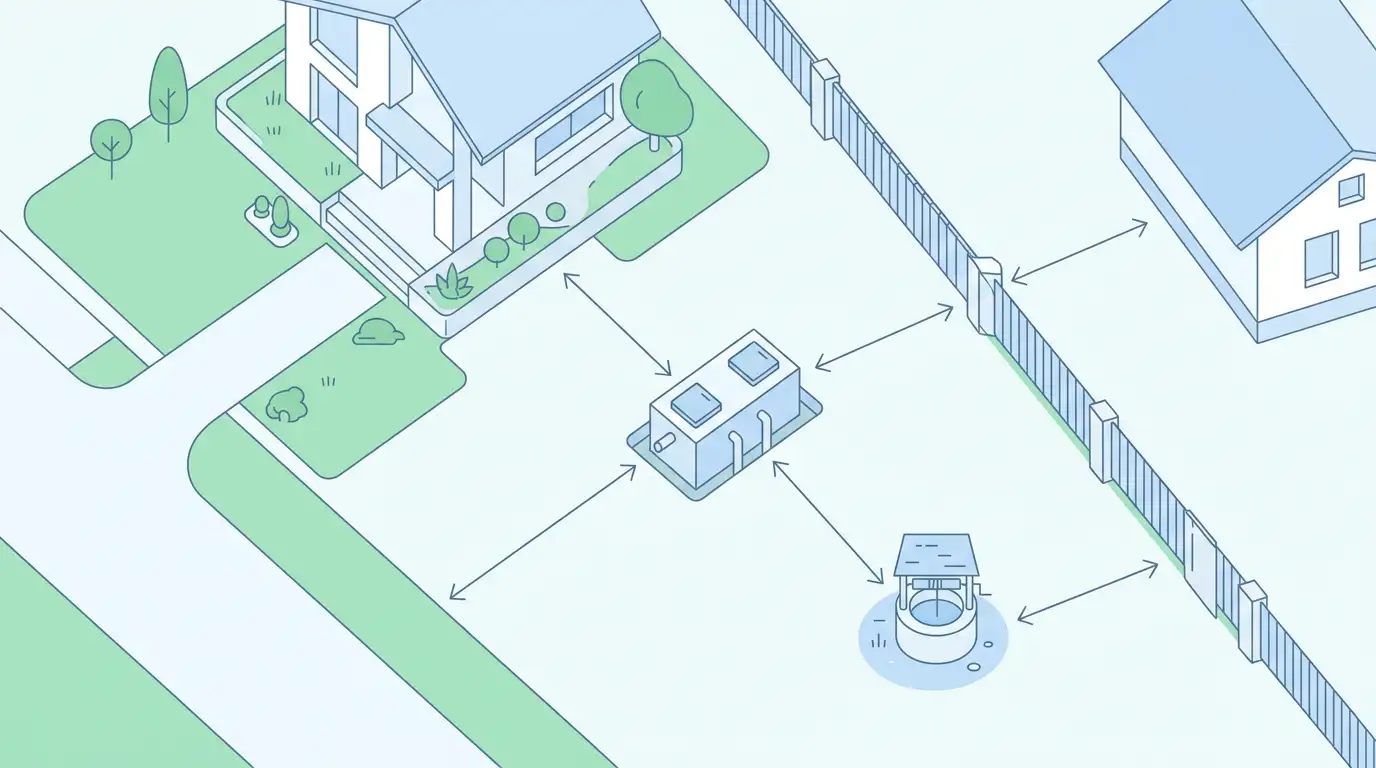 Infografic cu distanțele legale minime pentru amplasarea fosei septice față de casă, vecini și fântână conform Ord. MS 119/2014