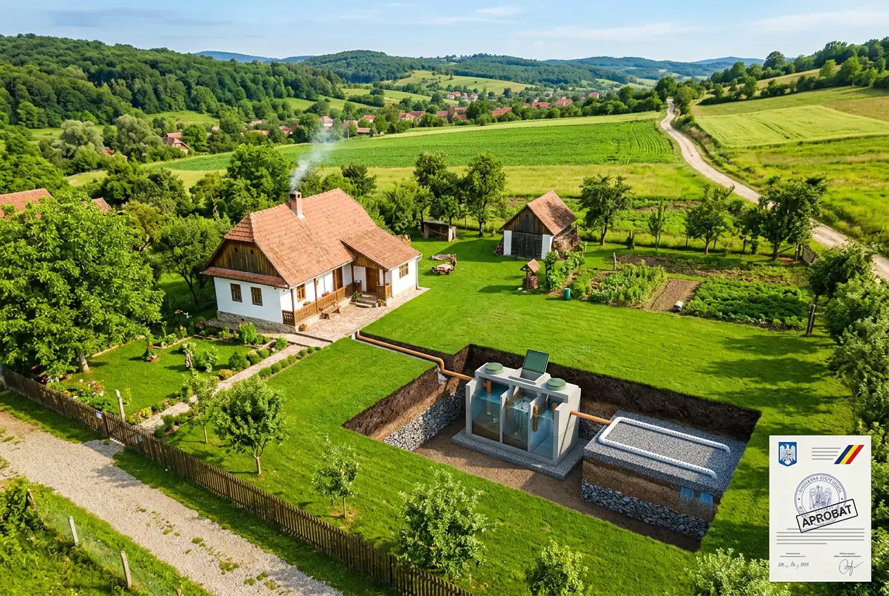 Vedere aeriană a unei proprietăți rurale din România cu fosa septică instalată, cu indicativ de conformitate legală