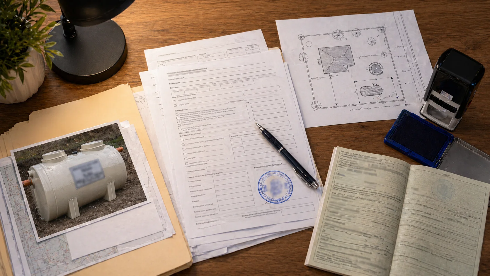 Formular de înscriere sistem individual de epurare la Primărie din România, cu ștampilă și documente însoțitoare pe un birou