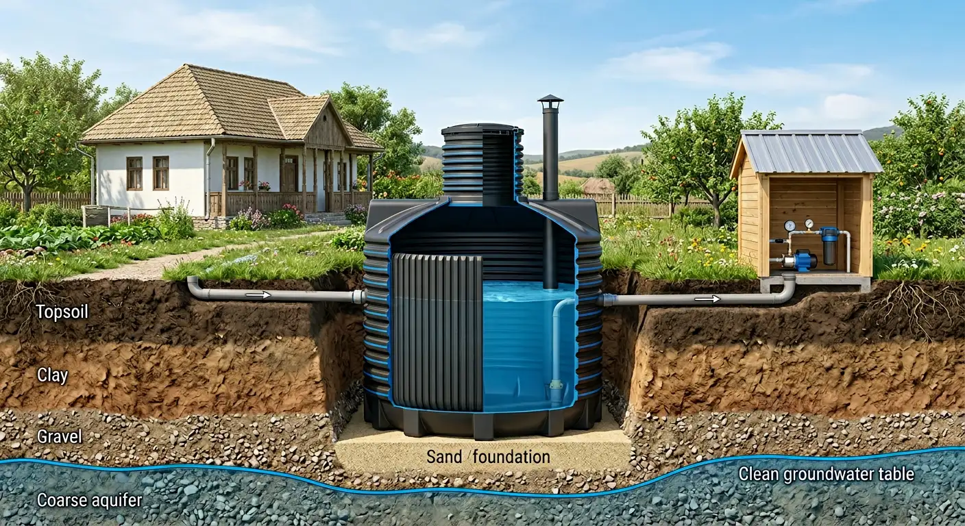 Rezervor de apă 6000 litri îngropat în curte, vedere cu secțiune