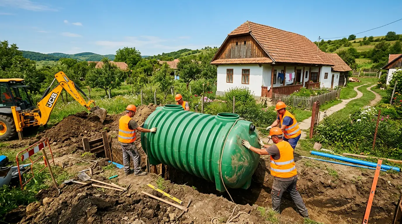 Muncitori specialiști instalând o fosă septică verde lângă o casă tradițională din România